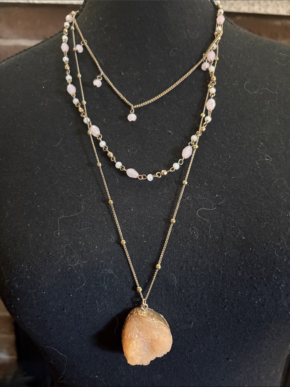 Vintage Pink Beaded Layered Necklace with Gold Druzy Pendant